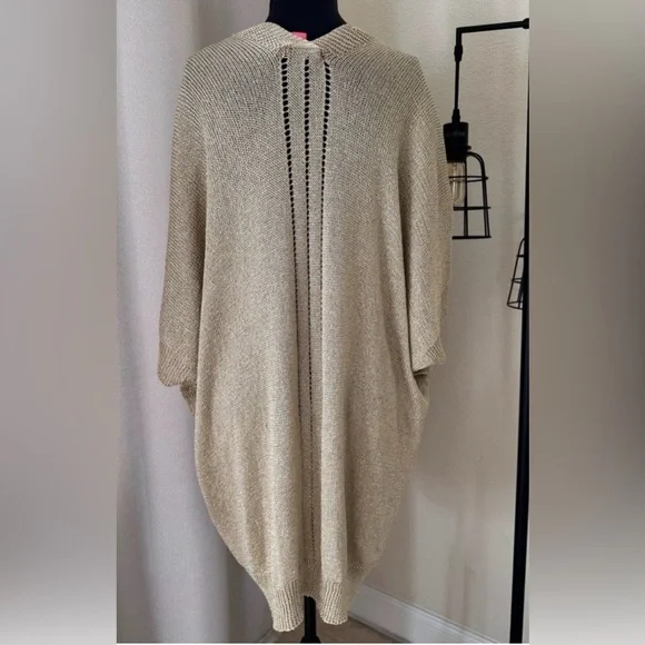 Lilly Pulitzer Gold Metallic Open Cardigan Pockets Lightweight Size M - Picture 7 of 10